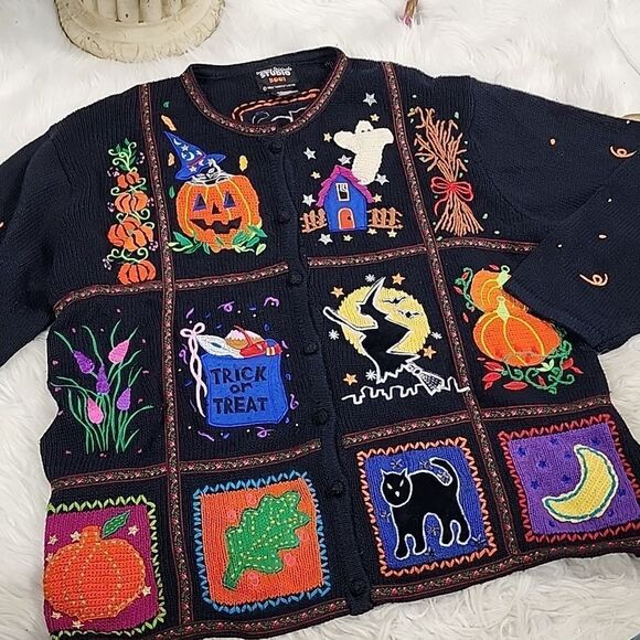 Designers Originals Sweaters - Vintage Halloween Boo Size L Knit Embroidered Cardigan Sweater